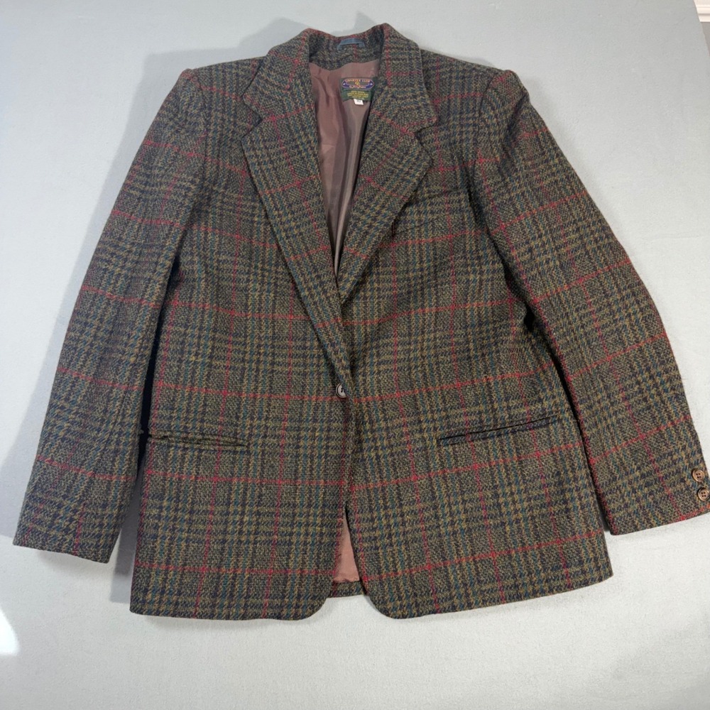 90's Vintage Plaid Wool Blazer Preppy 100% Wool Made in England Brown Size 10